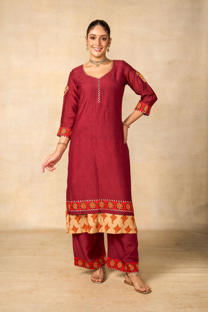 Janaki Jaal maroon set of 3 ( kurta + palazzo + dupatta ) | SHOBITAM
