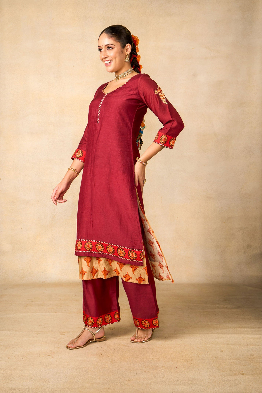 Janaki Jaal maroon set of 3 ( kurta + palazzo + dupatta ) | SHOBITAM
