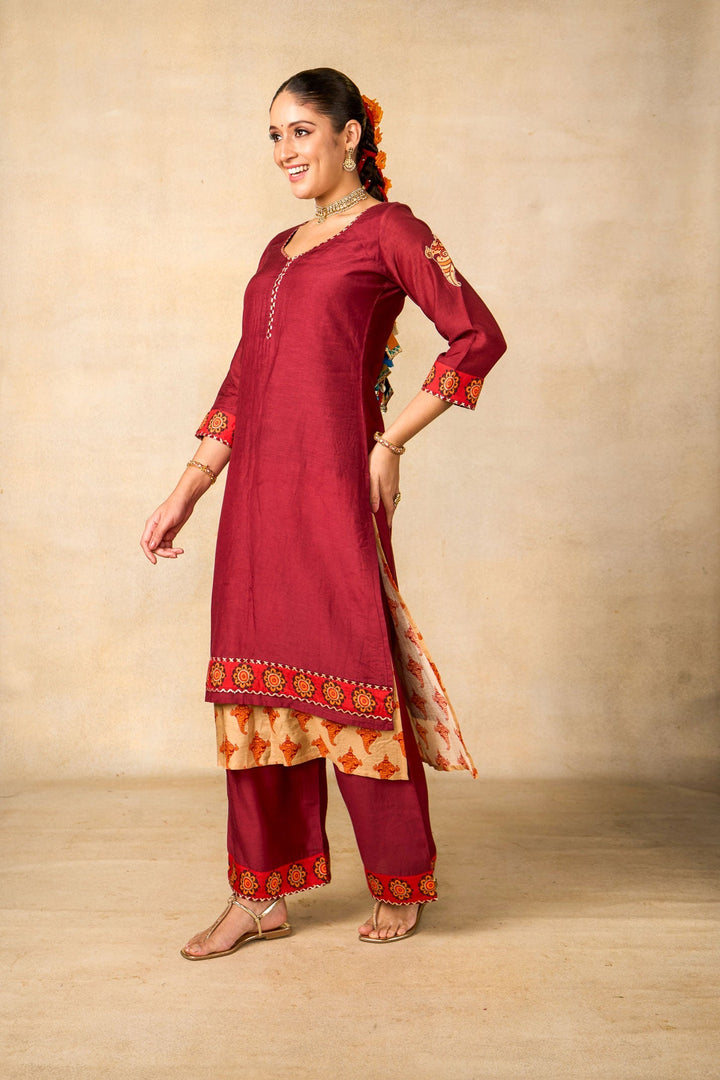 Janaki Jaal maroon set of 3 ( kurta + palazzo + dupatta ) | SHOBITAM