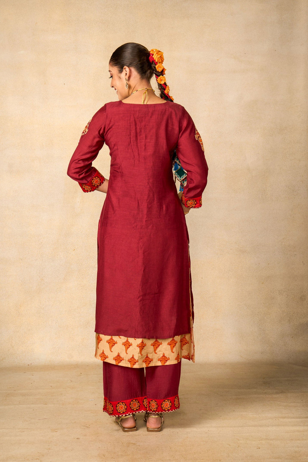 Janaki Jaal maroon set of 3 ( kurta + palazzo + dupatta ) | SHOBITAM