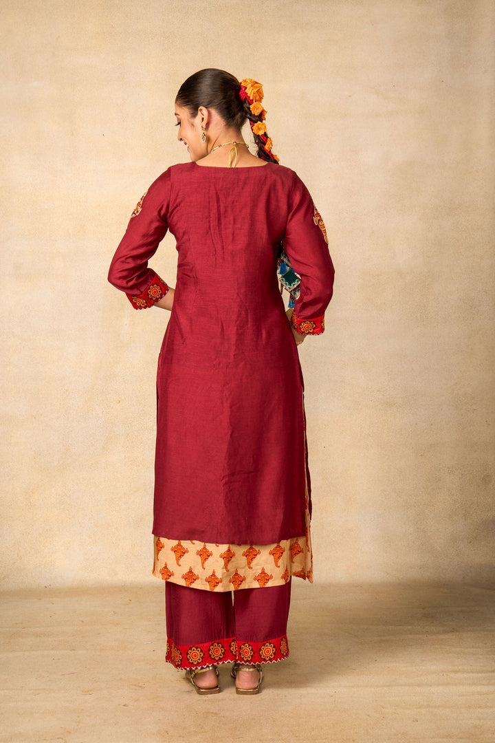 Janaki Jaal maroon set of 3 ( kurta + palazzo + dupatta ) | SHOBITAM