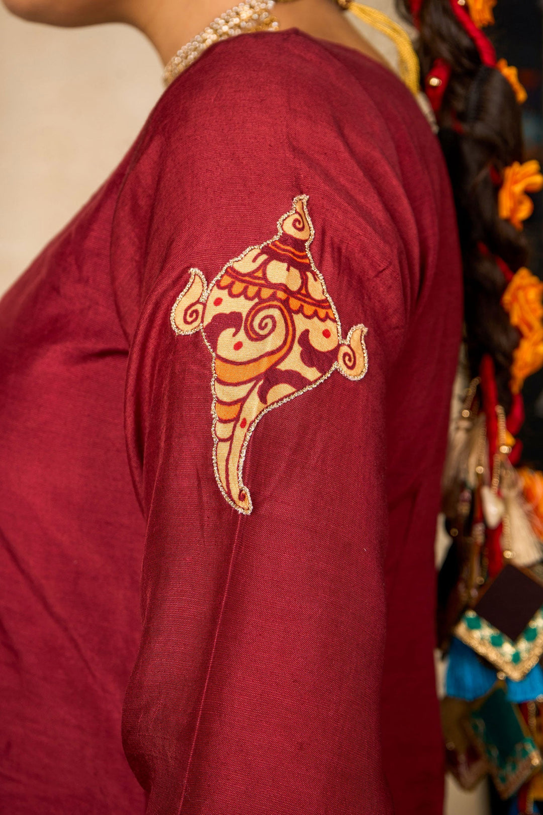 Janaki Jaal maroon set of 3 ( kurta + palazzo + dupatta ) | SHOBITAM