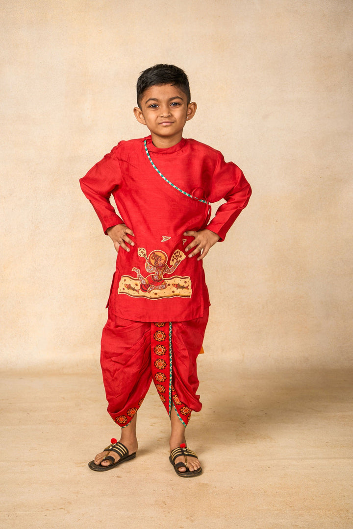 Hanu red kurta + dhoti set ( set of 2) | SHOBITAM