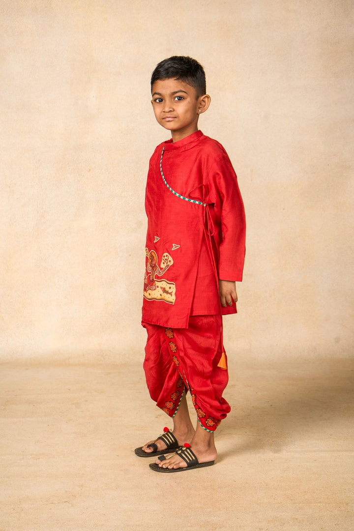 Hanu red kurta + dhoti set ( set of 2) | SHOBITAM
