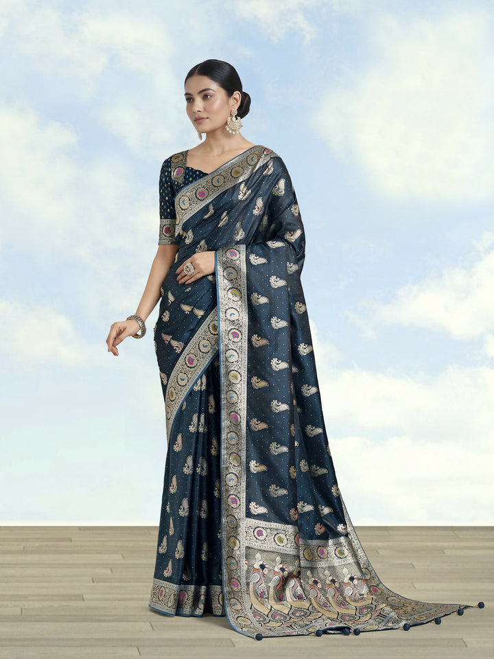 Teal Color Banarasi Satin Silk Zari Weaving Saree | SHOBITAM