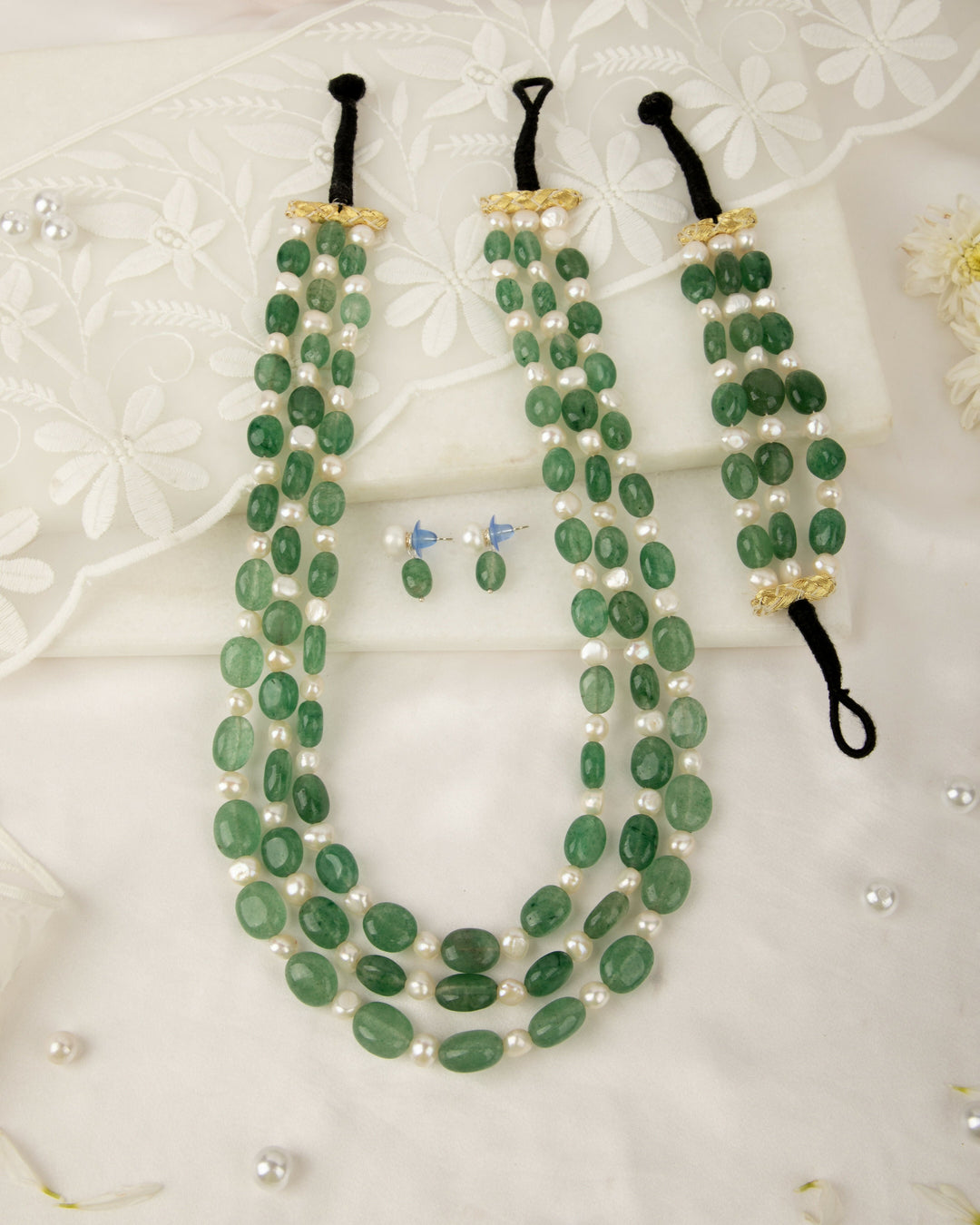 Vasundhara: Green Aventurine Mala with Earrings and Bracelet | SHOBITAM