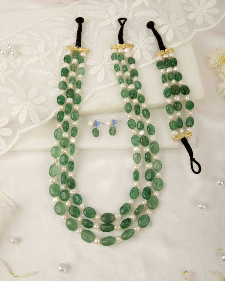Vasundhara: Green Aventurine Mala with Earrings and Bracelet | SHOBITAM