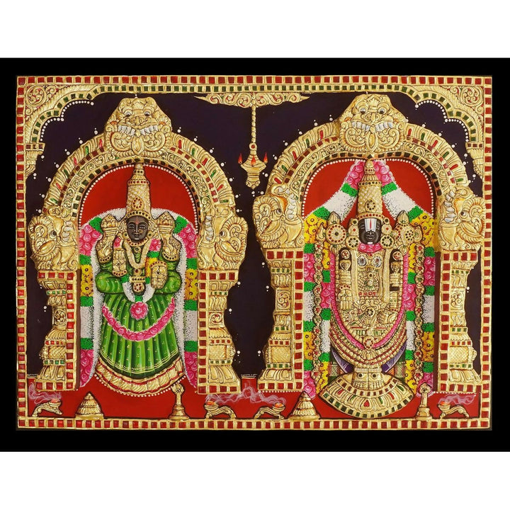 18 x 24" 3D Embossed Balaji Padmavati Authentic Tanjore Handpainting with Jaipur Gemstones | SHOBITAM