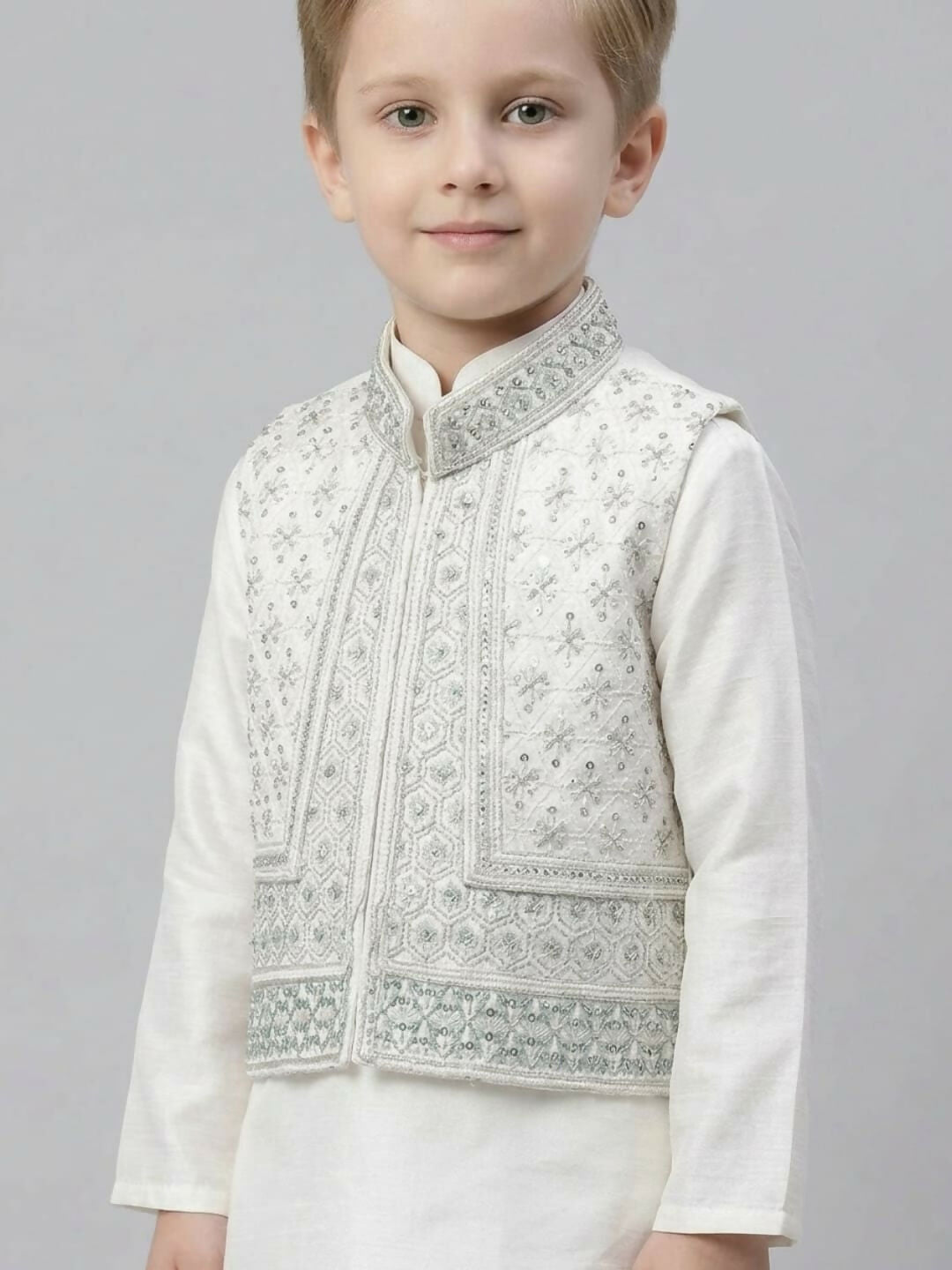 Boys Embroidered White & Grey Kurta Pajama Set with Ethnic Jacket | SHOBITAM