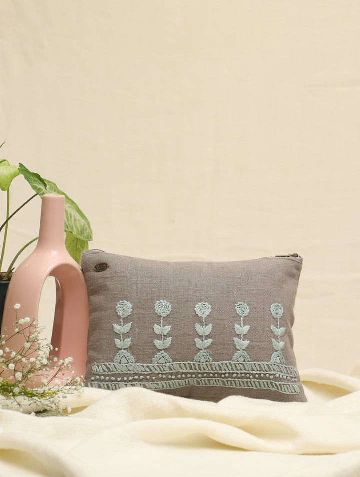 Grey hand embroidered Pure Linen Utility Pouch 12 by 8.5",Single Piece