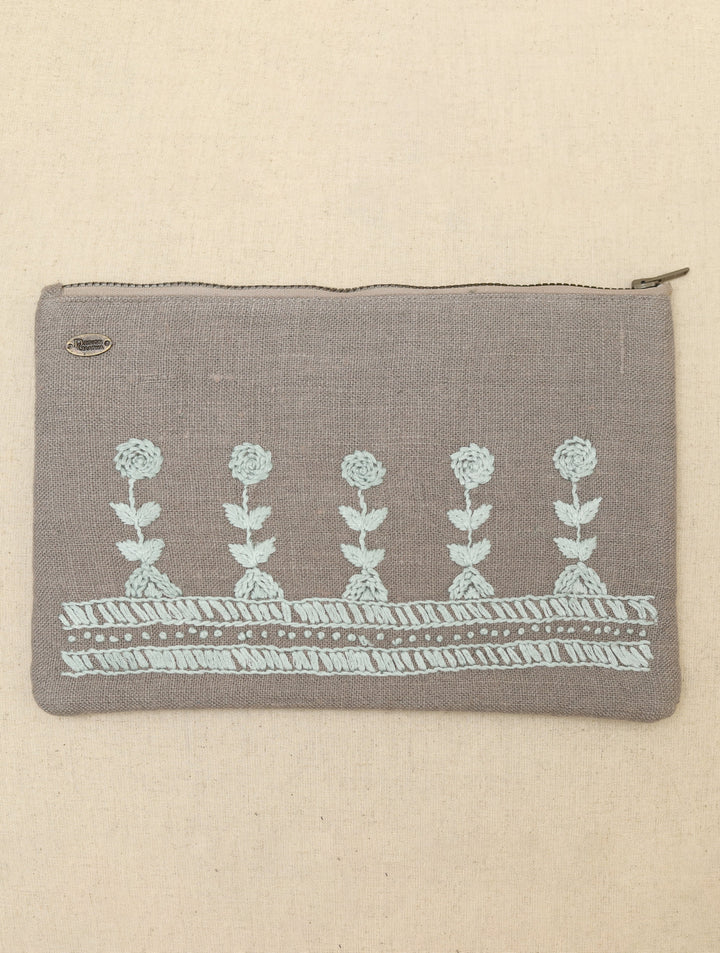 Grey hand embroidered Pure Linen Utility Pouch 12 by 8.5",Single Piece