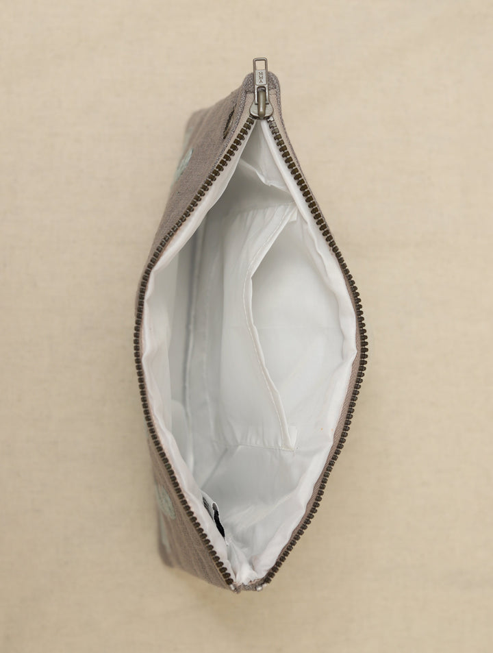 Grey hand embroidered Pure Linen Utility Pouch 12 by 8.5",Single Piece