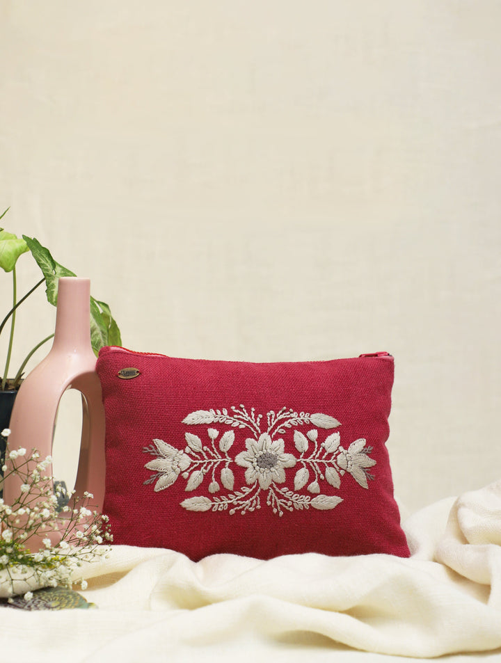 Dull Fuchsia hand embroidered Pure Linen Utility Pouch 12 by 8.5",Single Piece