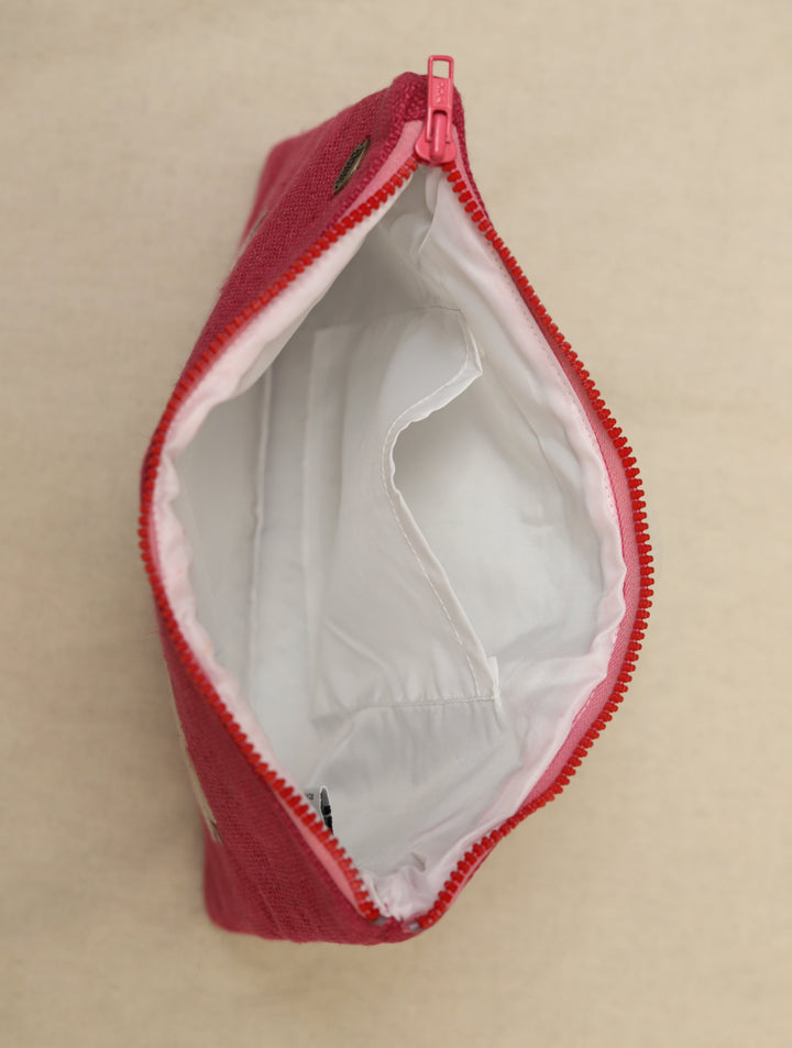 Dull Fuchsia hand embroidered Pure Linen Utility Pouch 12 by 8.5",Single Piece