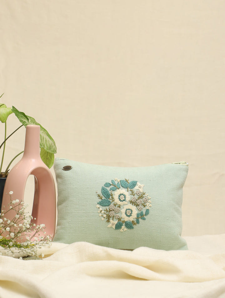 Mint Green hand embroidered Pure Linen Utility Pouch 12 by 8.5",Single Piece