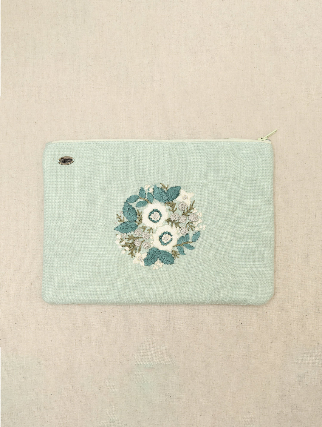Mint Green hand embroidered Pure Linen Utility Pouch 12 by 8.5",Single Piece