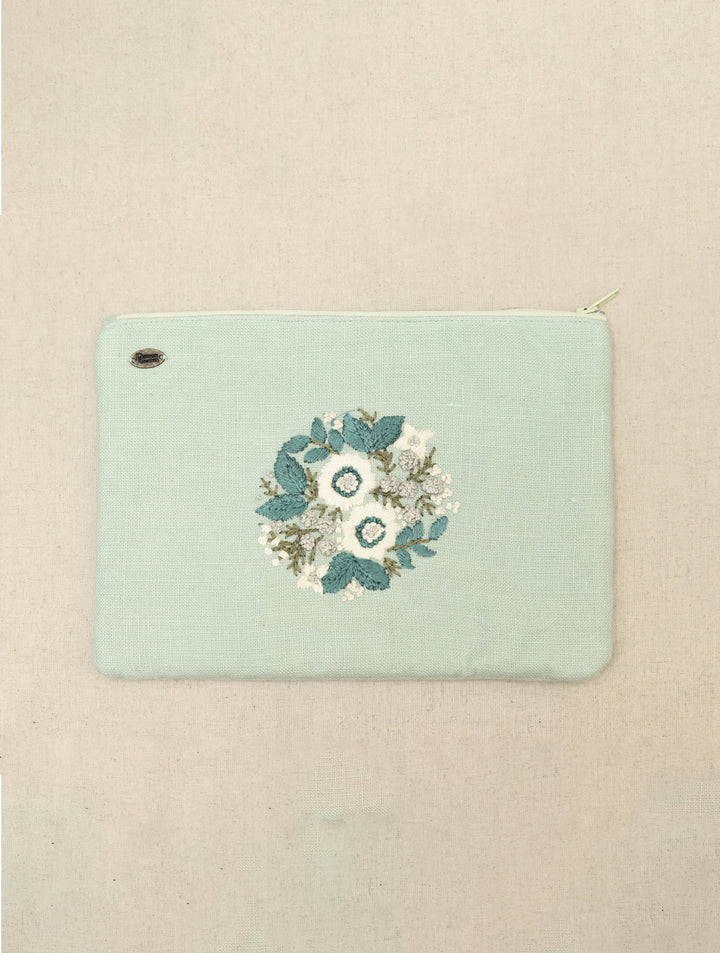 Mint Green hand embroidered Pure Linen Utility Pouch 12 by 8.5",Single Piece
