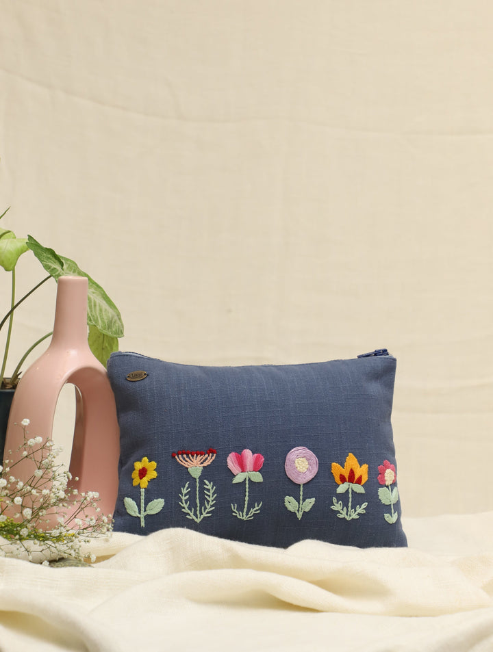 Bluish Grey hand embroidered Pure Cotton Slub Utility Pouch 12 by 8.5",Single Piece
