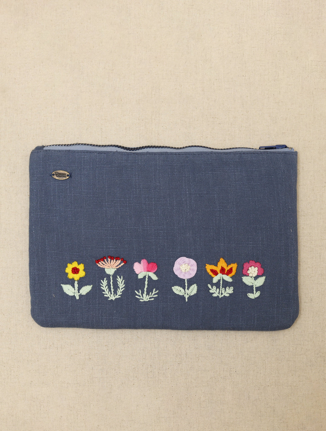 Bluish Grey hand embroidered Pure Cotton Slub Utility Pouch 12 by 8.5",Single Piece