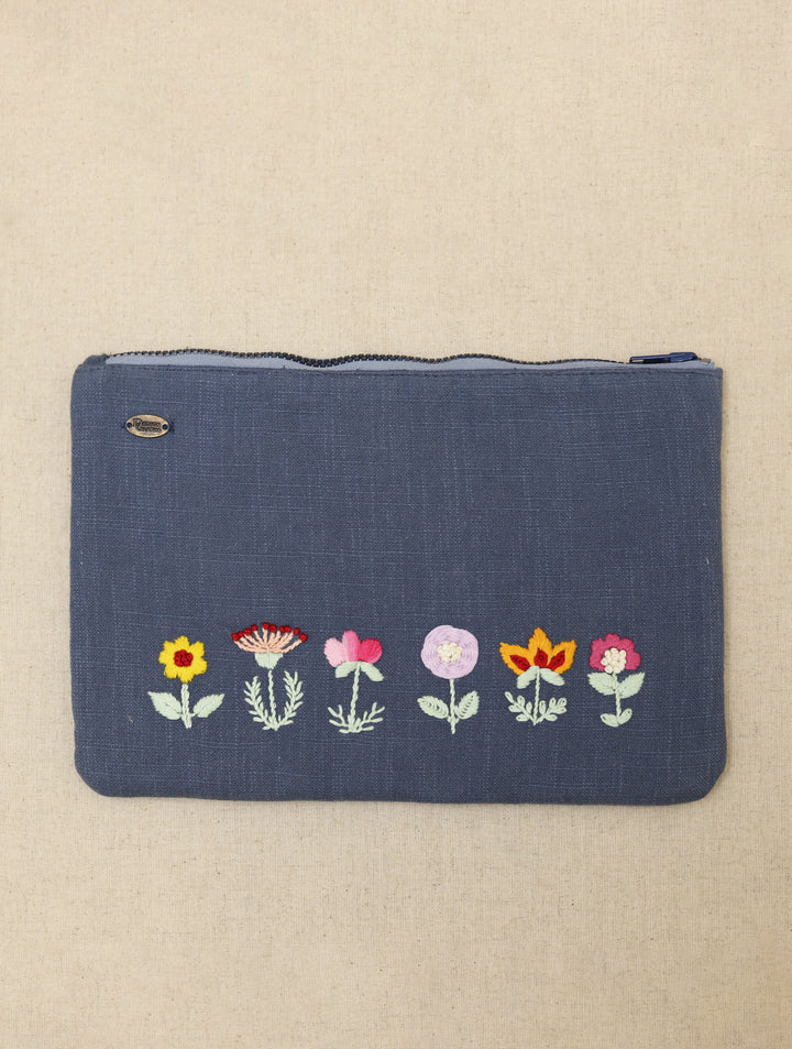 Bluish Grey hand embroidered Pure Cotton Slub Utility Pouch 12 by 8.5",Single Piece