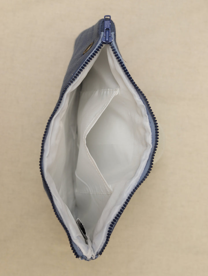 Bluish Grey hand embroidered Pure Cotton Slub Utility Pouch 12 by 8.5",Single Piece