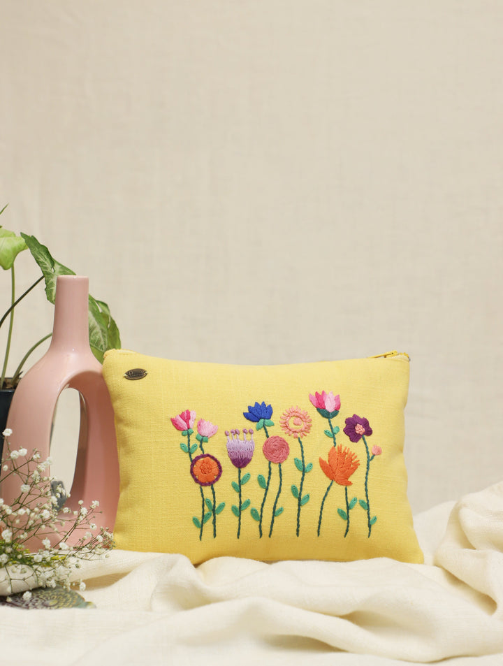 Bright Yellow hand embroidered Pure Cotton Slub Utility Pouch 12 by 8.5",Single Piece