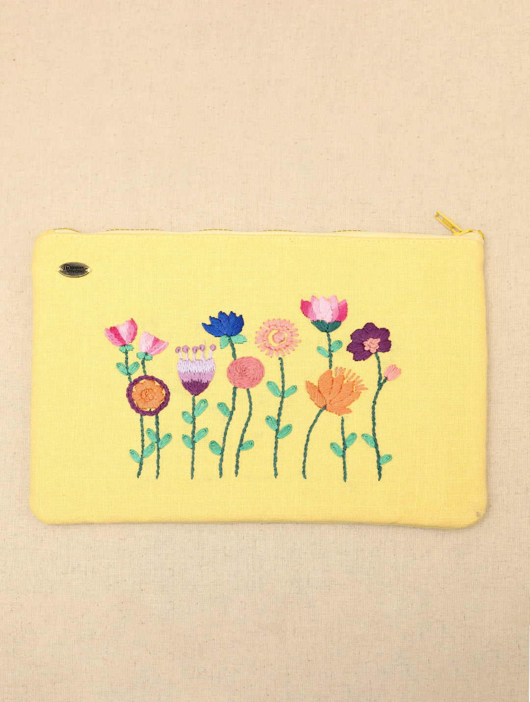 Bright Yellow hand embroidered Pure Cotton Slub Utility Pouch 12 by 8.5",Single Piece