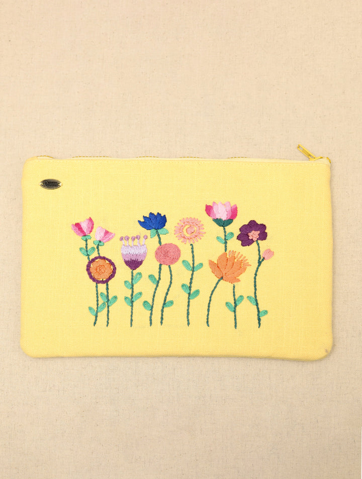 Bright Yellow hand embroidered Pure Cotton Slub Utility Pouch 12 by 8.5",Single Piece