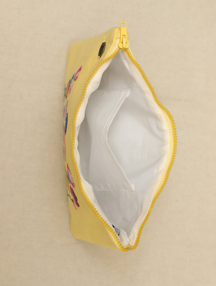 Bright Yellow hand embroidered Pure Cotton Slub Utility Pouch 12 by 8.5",Single Piece