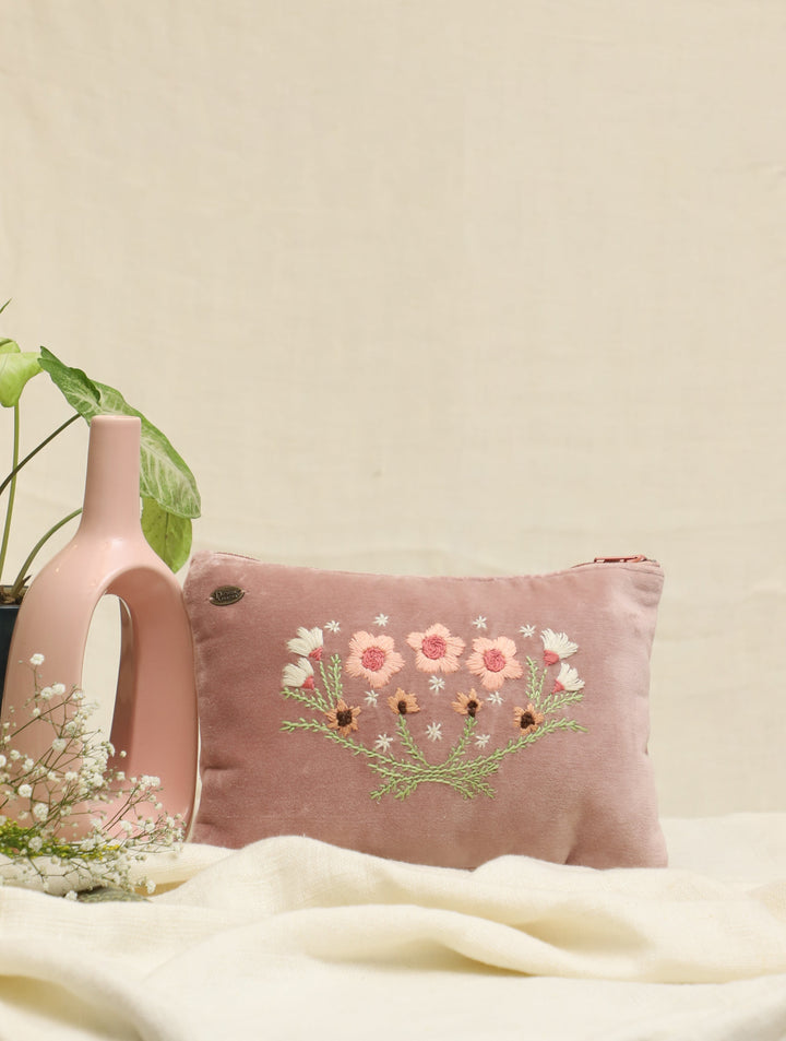 Onion Pink hand embroidered Velvet Utility Pouch 12 by 8",Single Piece