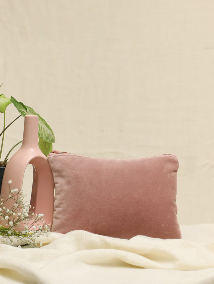 Onion Pink hand embroidered Velvet Utility Pouch 12 by 8",Single Piece