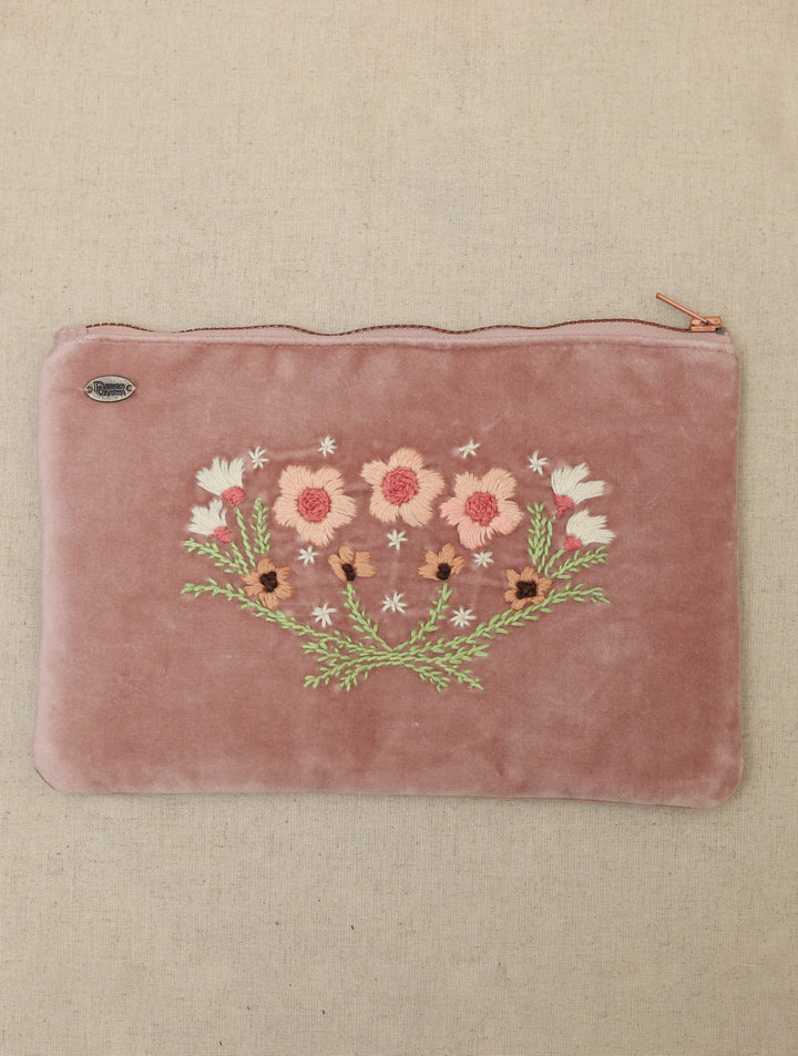 Onion Pink hand embroidered Velvet Utility Pouch 12 by 8",Single Piece