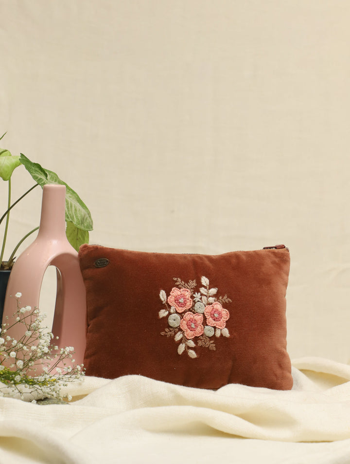 Rustic Brown hand embroidered Velvet Utility Pouch 12 by 8",Single Piece