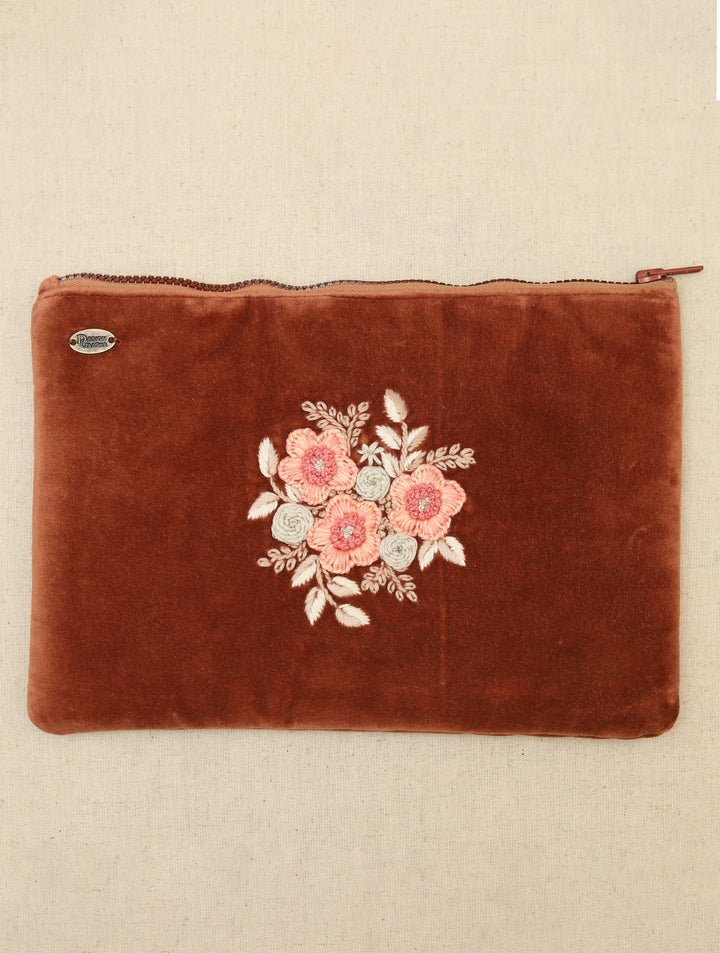 Rustic Brown hand embroidered Velvet Utility Pouch 12 by 8",Single Piece