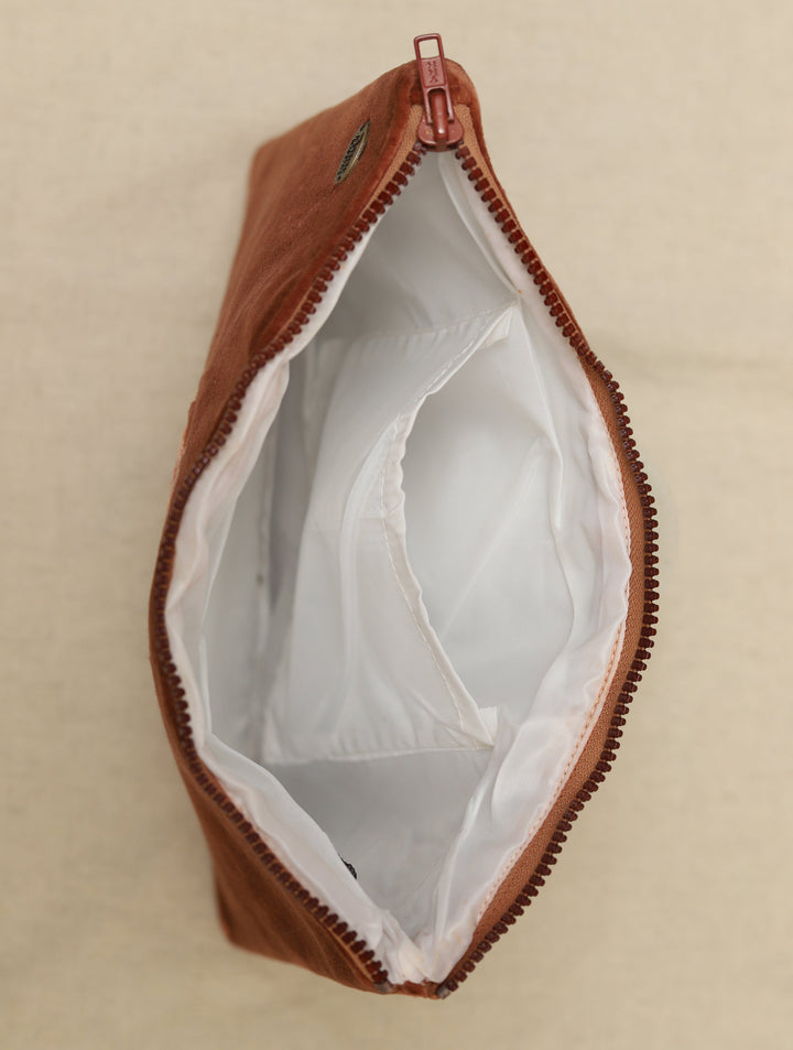 Rustic Brown hand embroidered Velvet Utility Pouch 12 by 8",Single Piece