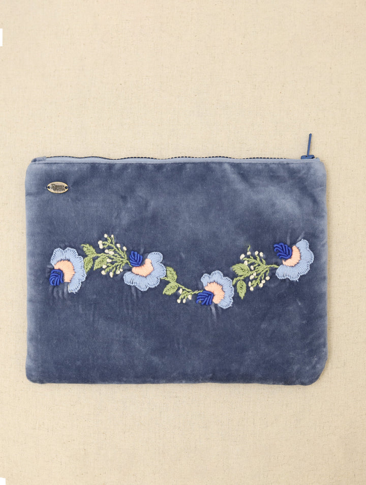 Dark Bluish Grey hand embroidered Velvet Utility Pouch 12 by 8",Single Piece