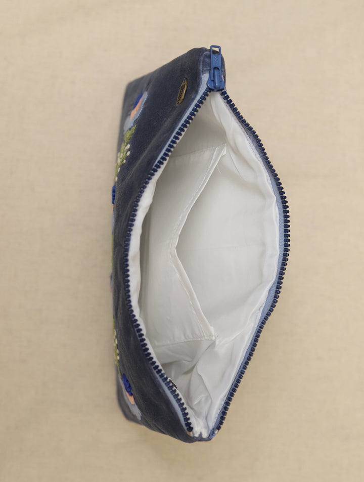 Dark Bluish Grey hand embroidered Velvet Utility Pouch 12 by 8",Single Piece