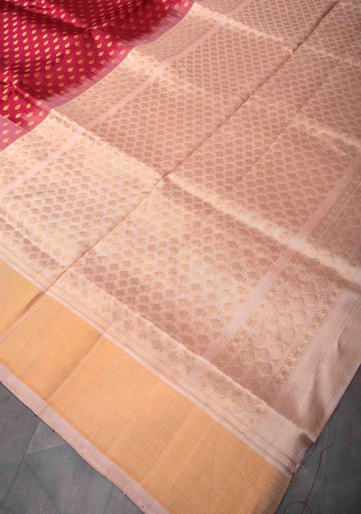 Maroon Uppada Handloom Silk Saree With Zari Buttas And Panel Meenakari Zari Border | SILK MARK CERTIFIED
