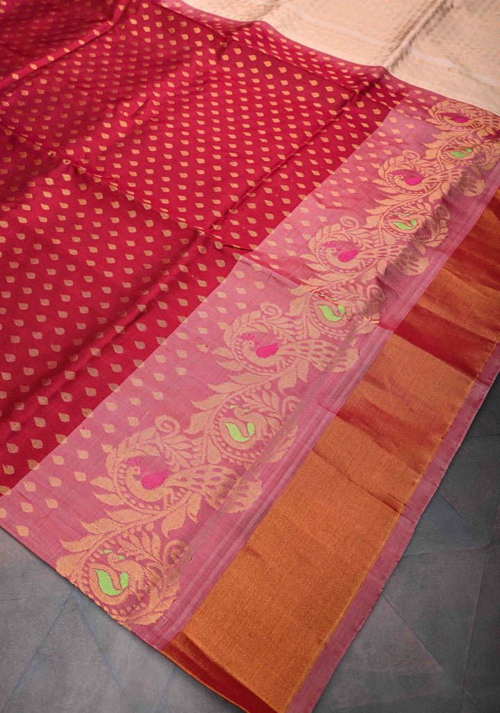 Maroon Uppada Handloom Silk Saree With Zari Buttas And Panel Meenakari Zari Border | SILK MARK CERTIFIED
