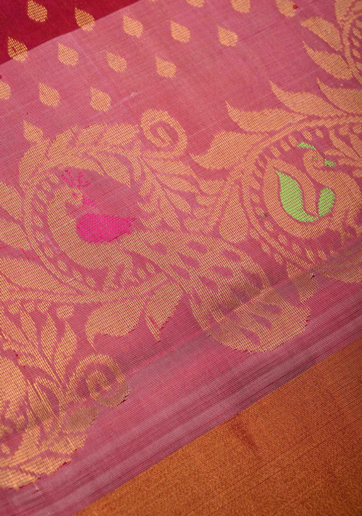 Maroon Uppada Handloom Silk Saree With Zari Buttas And Panel Meenakari Zari Border | SILK MARK CERTIFIED