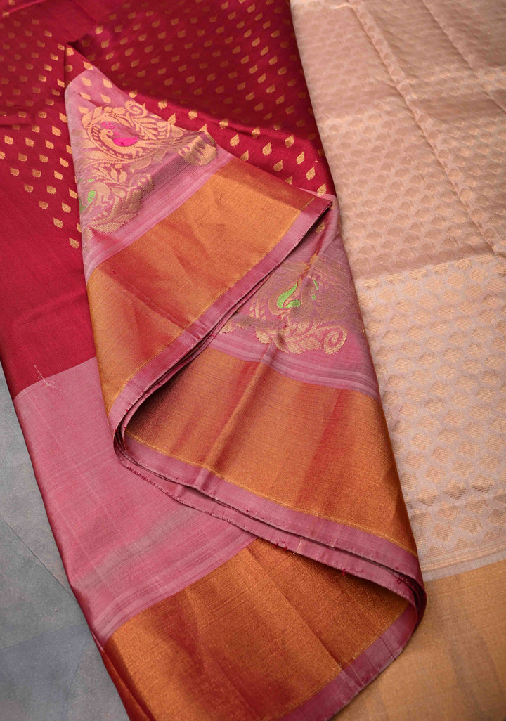 Maroon Uppada Handloom Silk Saree With Zari Buttas And Panel Meenakari Zari Border | SILK MARK CERTIFIED