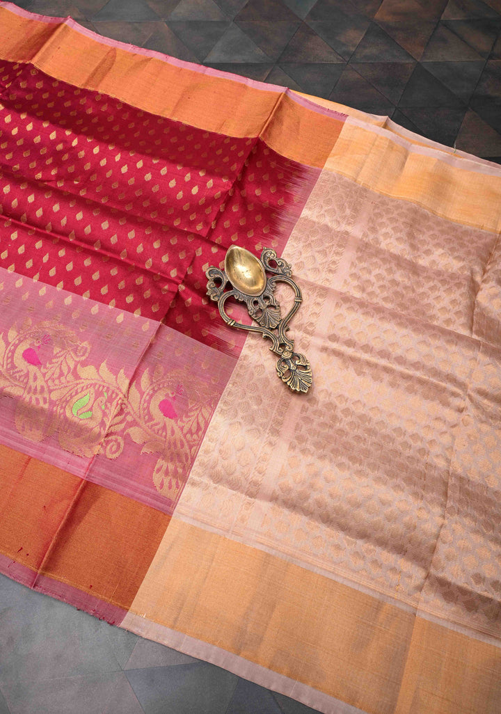 Maroon Uppada Handloom Silk Saree With Zari Buttas And Panel Meenakari Zari Border | SILK MARK CERTIFIED