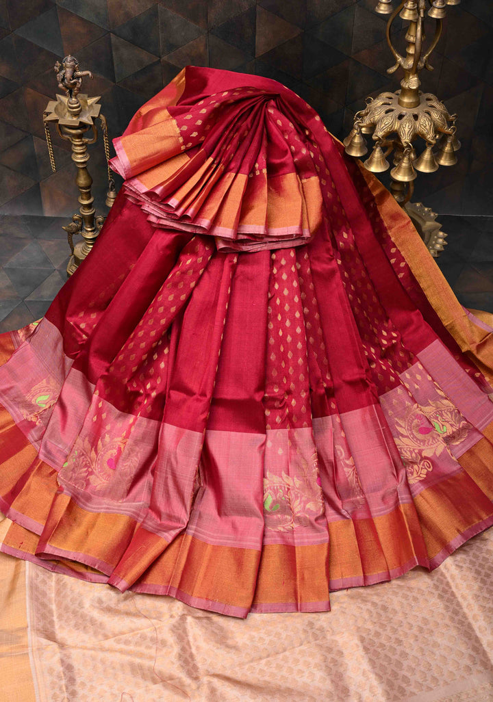Maroon Uppada Handloom Silk Saree With Zari Buttas And Panel Meenakari Zari Border | SILK MARK CERTIFIED