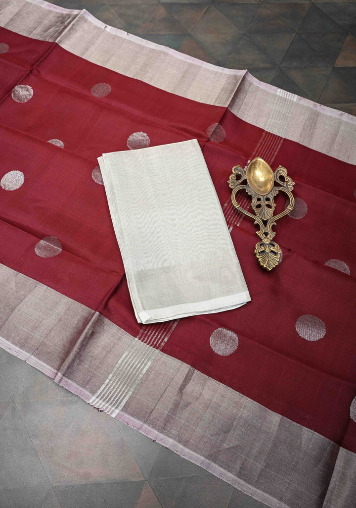 Burgundy Uppada Handloom Silk Saree with Dollar Buttas and Zari Border | SILK MARK CERTIFIED