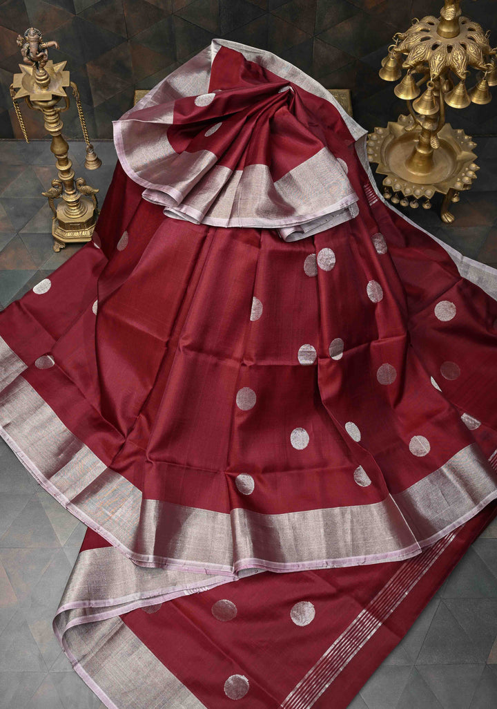 Burgundy Uppada Handloom Silk Saree with Dollar Buttas and Zari Border | SILK MARK CERTIFIED