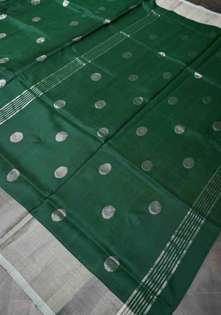 Bottle Green Uppada Handloom Silk Saree with Coin Buttas and Zari Border | SILK MARK CERTIFIED