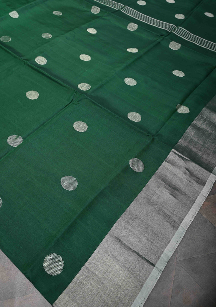 Bottle Green Uppada Handloom Silk Saree with Coin Buttas and Zari Border | SILK MARK CERTIFIED