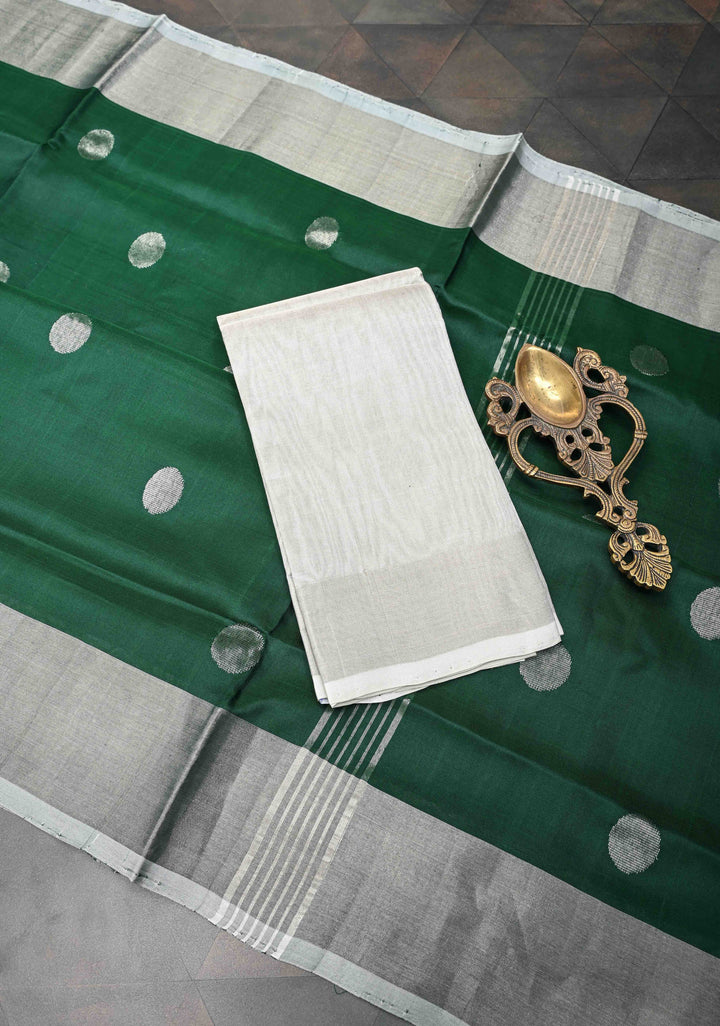Bottle Green Uppada Handloom Silk Saree with Coin Buttas and Zari Border | SILK MARK CERTIFIED