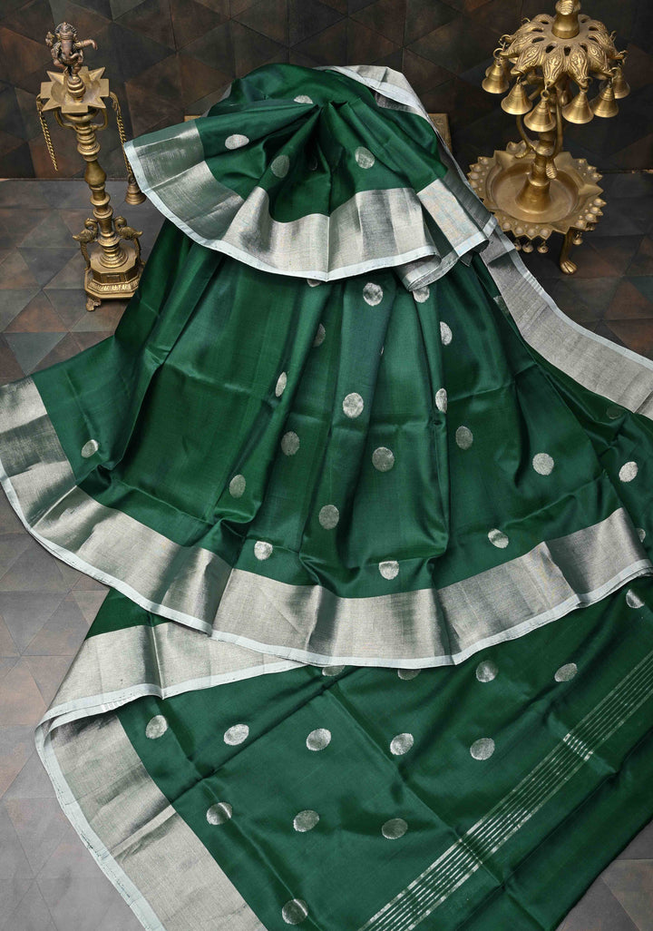 Bottle Green Uppada Handloom Silk Saree with Coin Buttas and Zari Border | SILK MARK CERTIFIED
