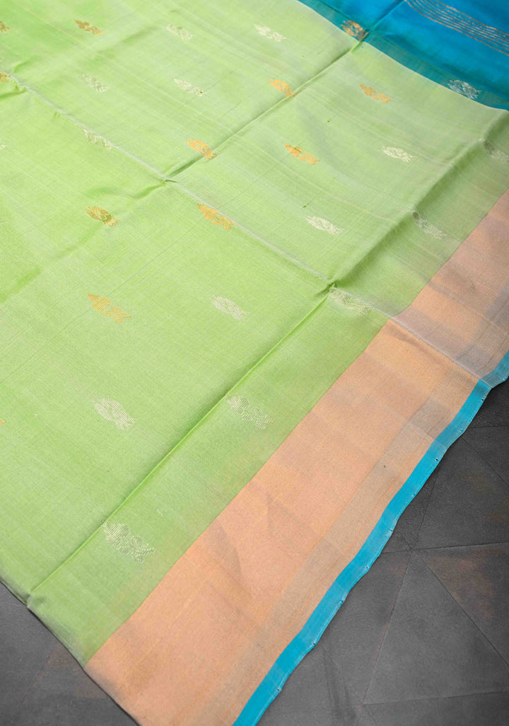 Avocado Green Uppada Handloom Silk Saree with Sona Rupa Buttas and Zari Border | SILK MARK CERTIFIED